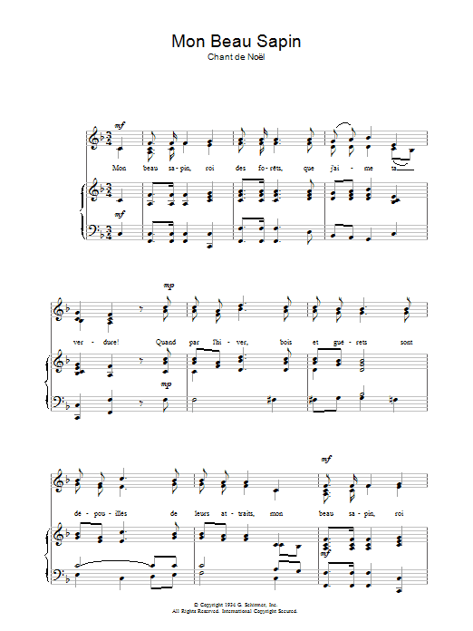 Christmas Carol Mon Beau Sapin sheet music notes and chords arranged for Piano, Vocal & Guitar Chords