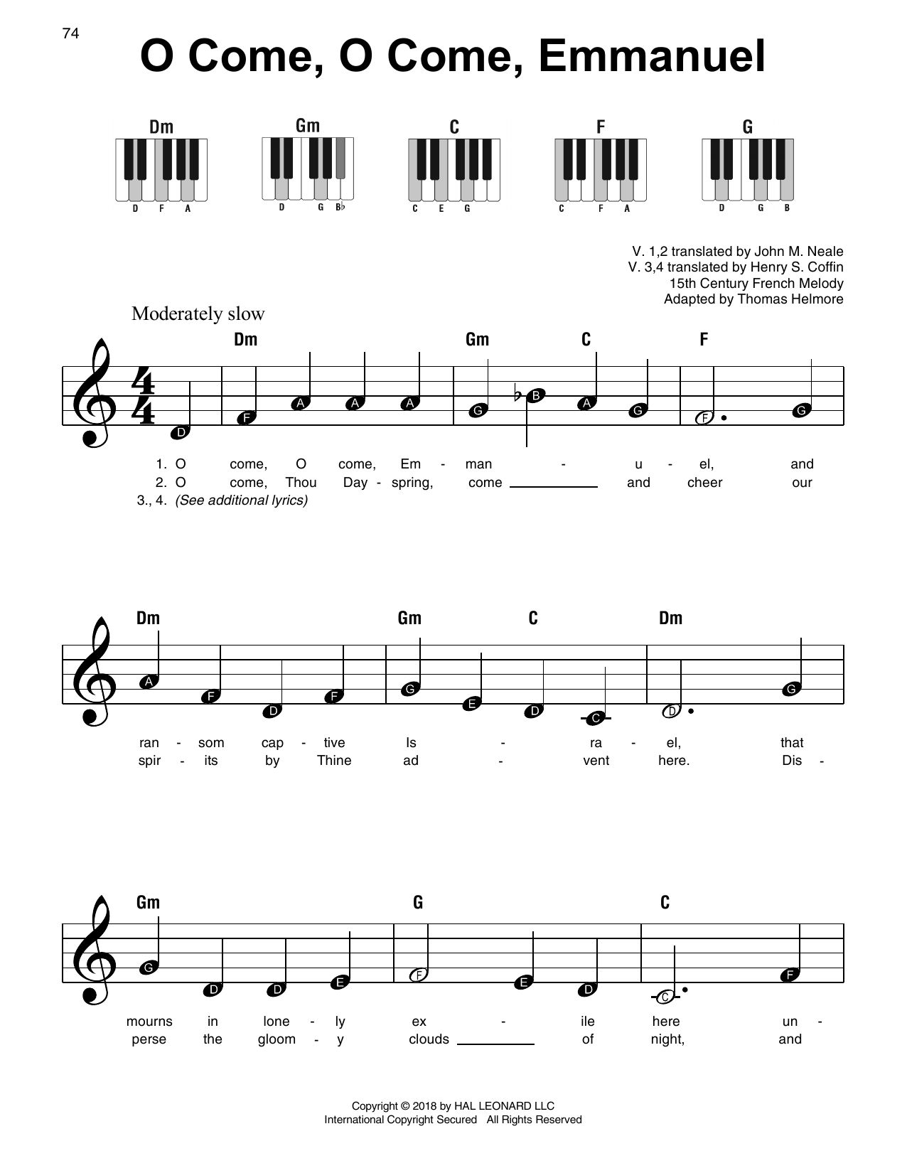 Christmas Carol O Come, O Come, Emmanuel sheet music notes and chords arranged for Beginner Piano