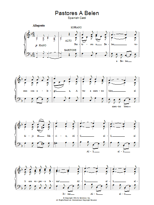 Christmas Carol Pastores A Belen sheet music notes and chords arranged for Piano, Vocal & Guitar Chords