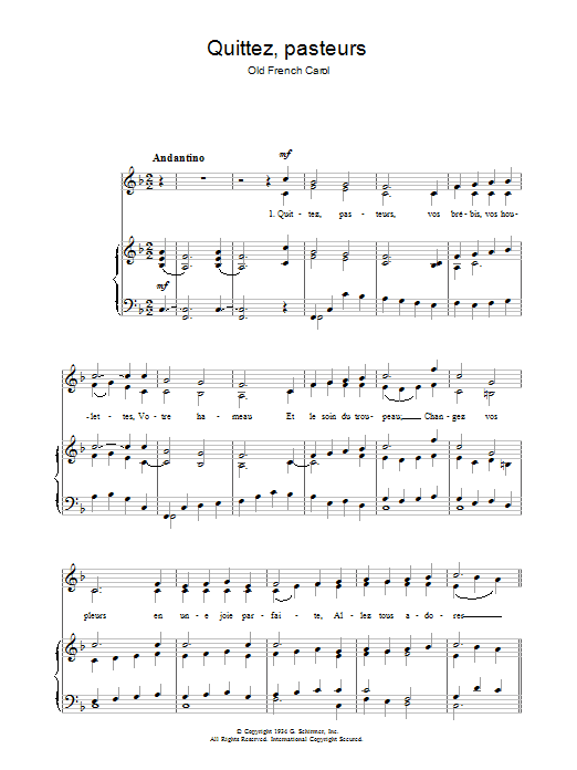 Christmas Carol Quittez Pasteurs sheet music notes and chords arranged for Piano, Vocal & Guitar Chords