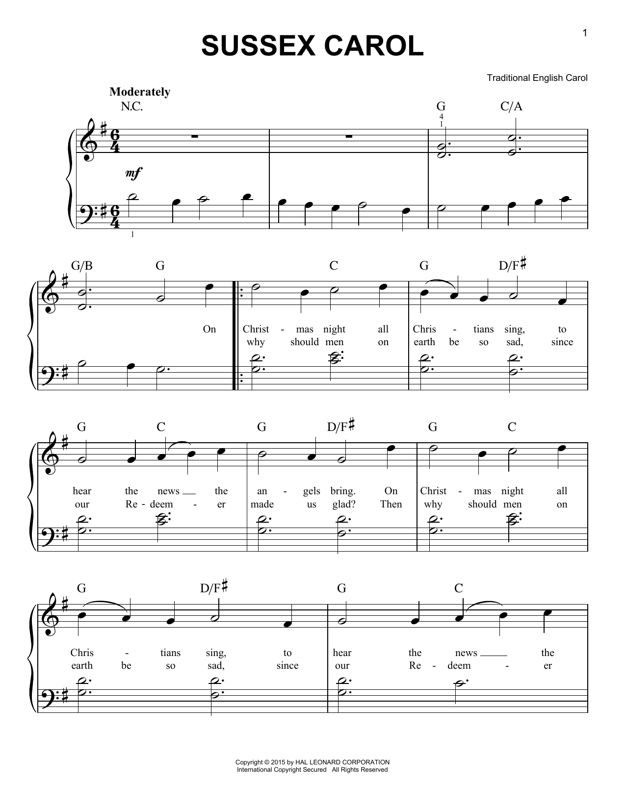 Christmas Carol Sussex Carol sheet music notes and chords arranged for Piano & Vocal