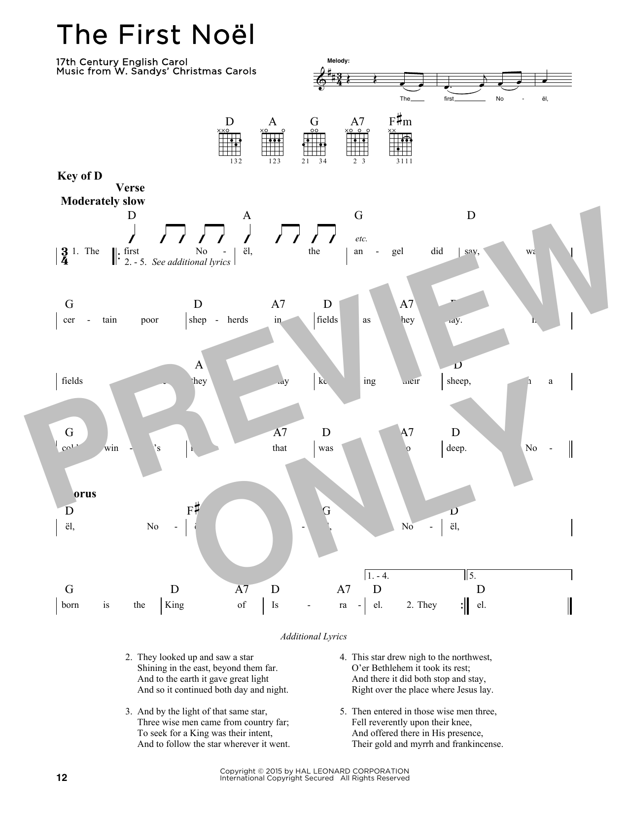 Christmas Carol The First Noel sheet music notes and chords arranged for Guitar Lead Sheet