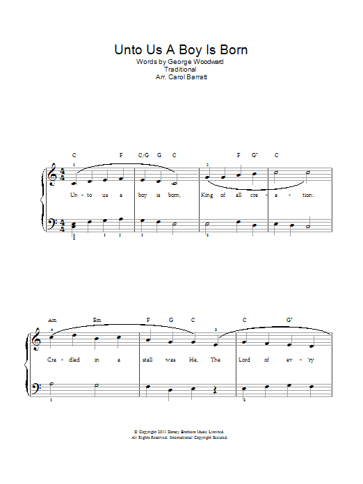 Christmas Carol Unto Us A Boy Is Born sheet music notes and chords arranged for Piano & Vocal