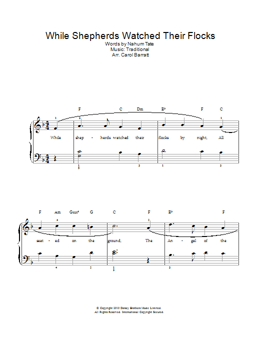 Christmas Carol While Shepherds Watched Their Flocks sheet music notes and chords arranged for Easy Piano