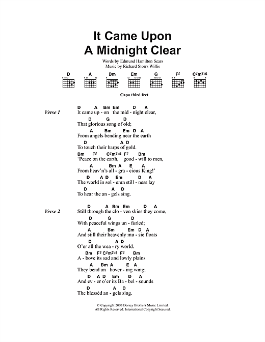 Christmas Carol It Came Upon The Midnight Clear sheet music notes and chords arranged for Guitar Chords/Lyrics