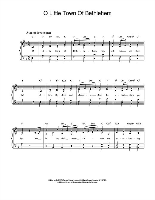 Christmas Carol O Little Town Of Bethlehem sheet music notes and chords arranged for Easy Piano