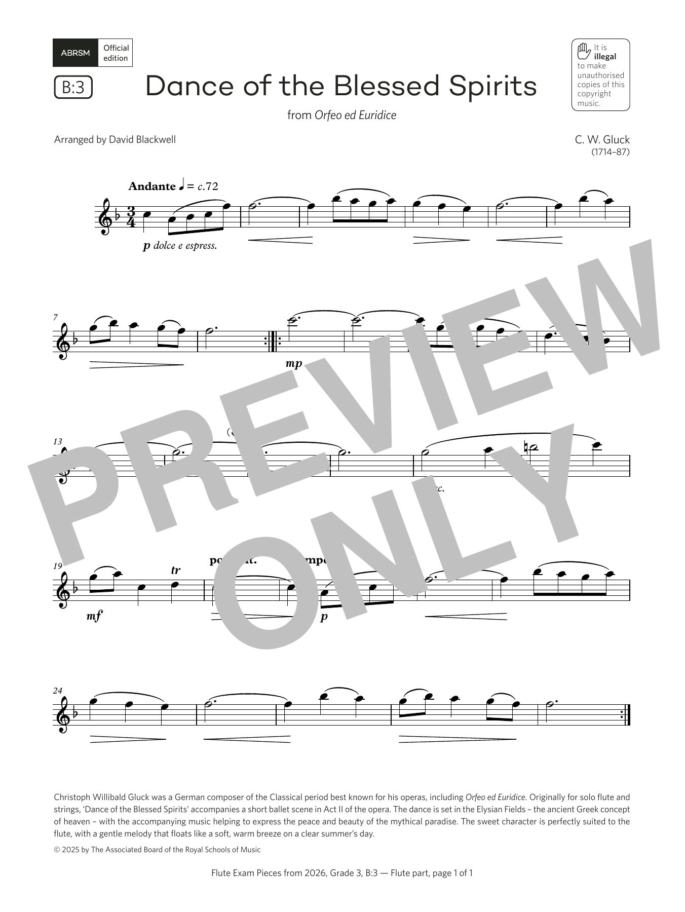 Christoph Gluck Dance of the Blessed Spirits (Grade 3, list B3, from the ABRSM Flute Syllabus from 2026) sheet music notes and chords arranged for Flute Solo