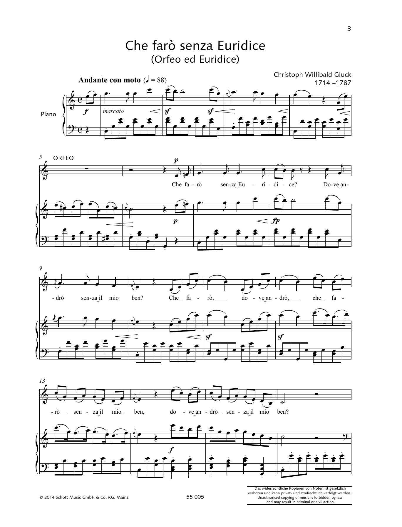 Christoph Willibald Gluck Che faro senza Euridice sheet music notes and chords arranged for Piano & Vocal