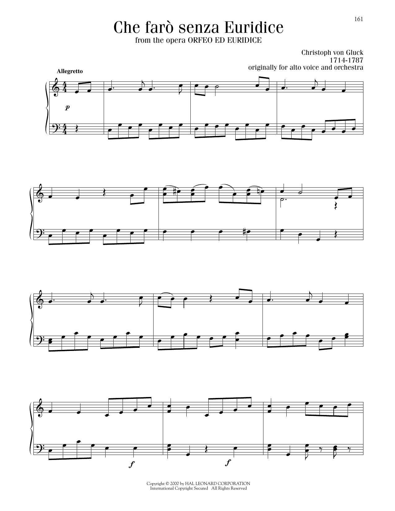 Christoph Willibald Gluck Che Faro Senza Euridice? (Orpheus And Eurydice) sheet music notes and chords arranged for Piano Solo