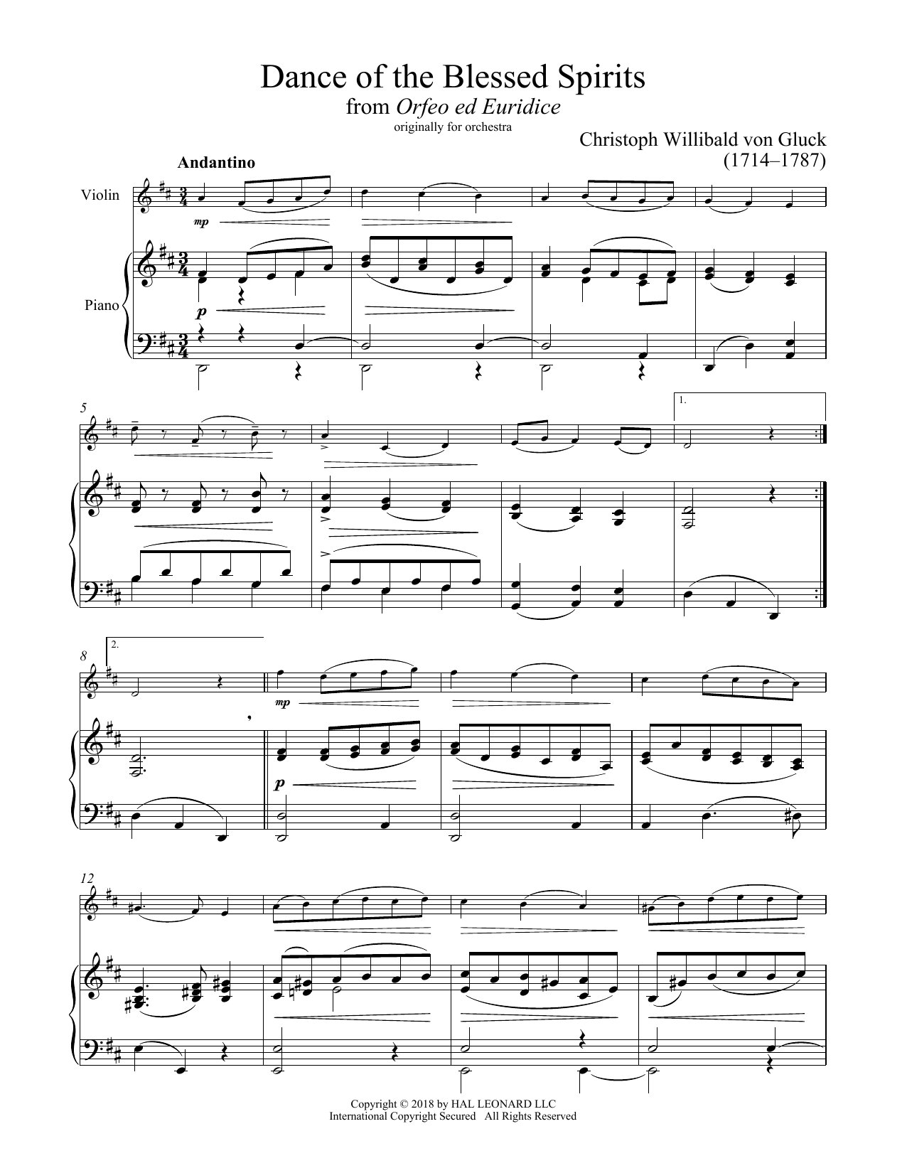 Christoph Willibald Gluck Dance Of The Spirits sheet music notes and chords arranged for Cello and Piano