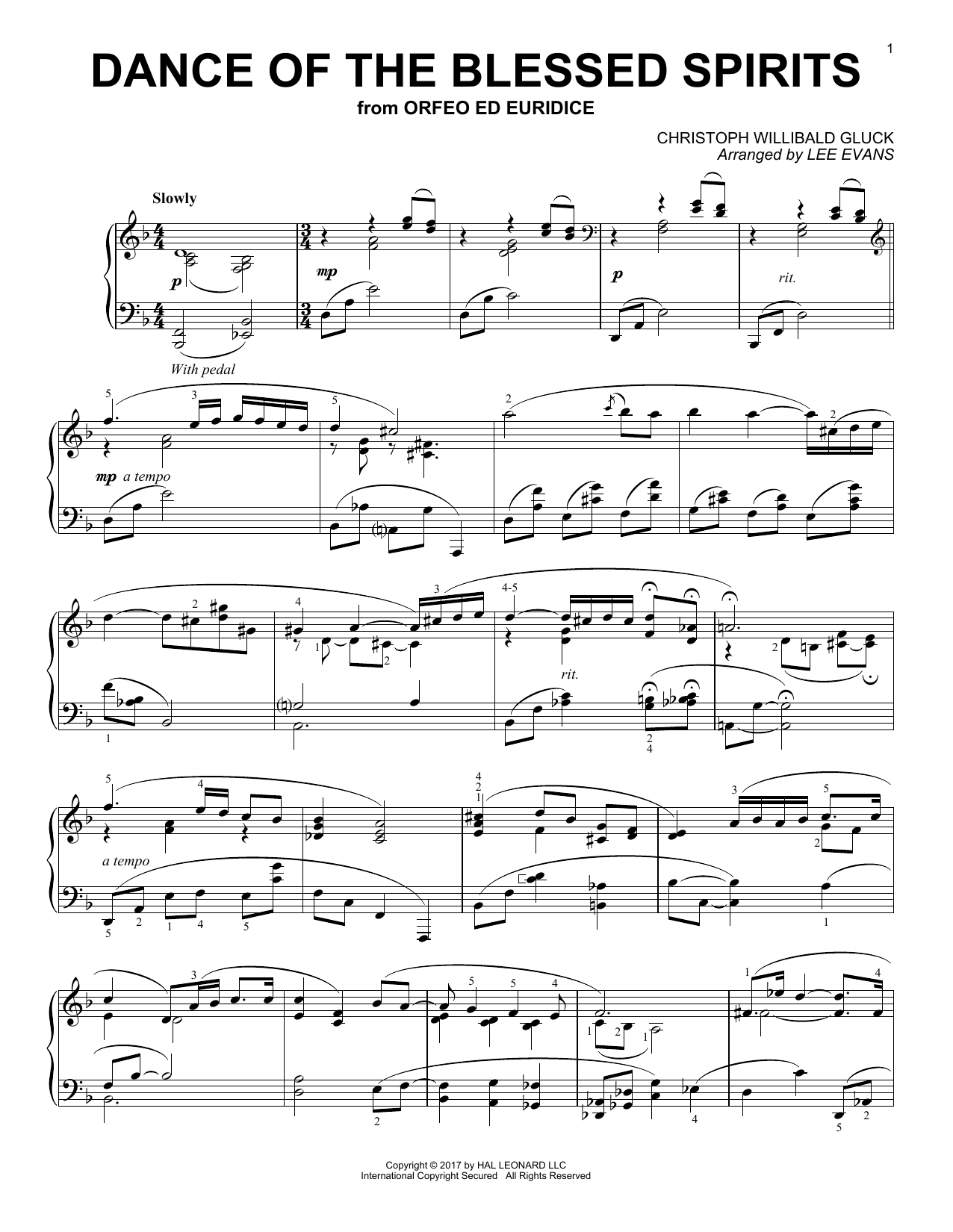 Christoph Willibald von Gluck Dance Of The Spirits (arr. Lee Evans) sheet music notes and chords arranged for Piano Solo