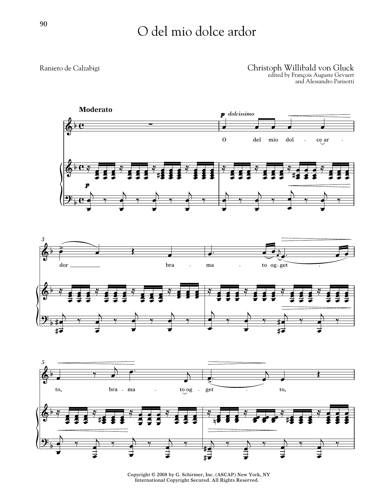 Christoph Willibald von Gluck O Del Mio Dolce Ardor (Medium Low Voice) sheet music notes and chords arranged for Piano & Vocal