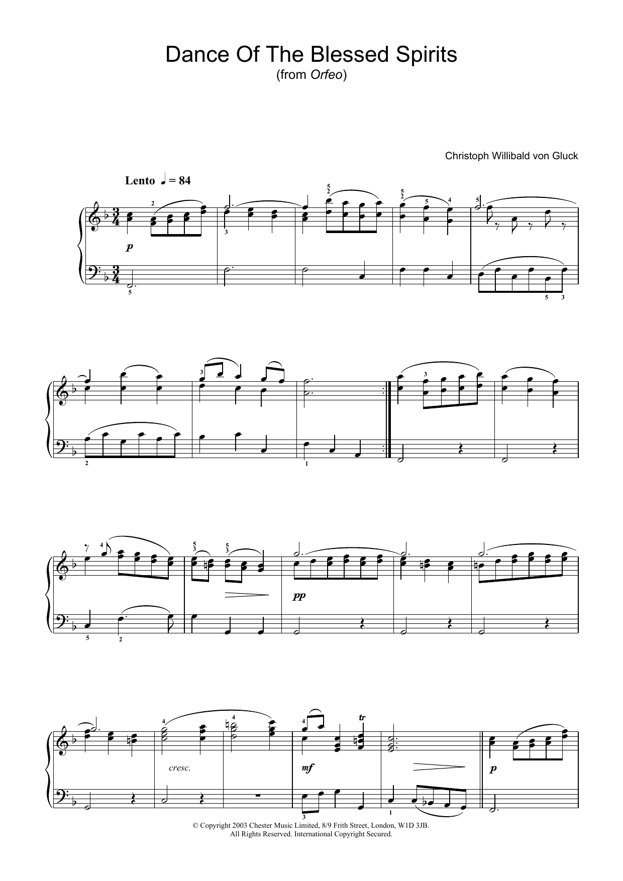 Christoph Willibald von Gluck Dance Of The Blessed Spirits (from Orfeo ed Euridice) sheet music notes and chords. Download Printable PDF.