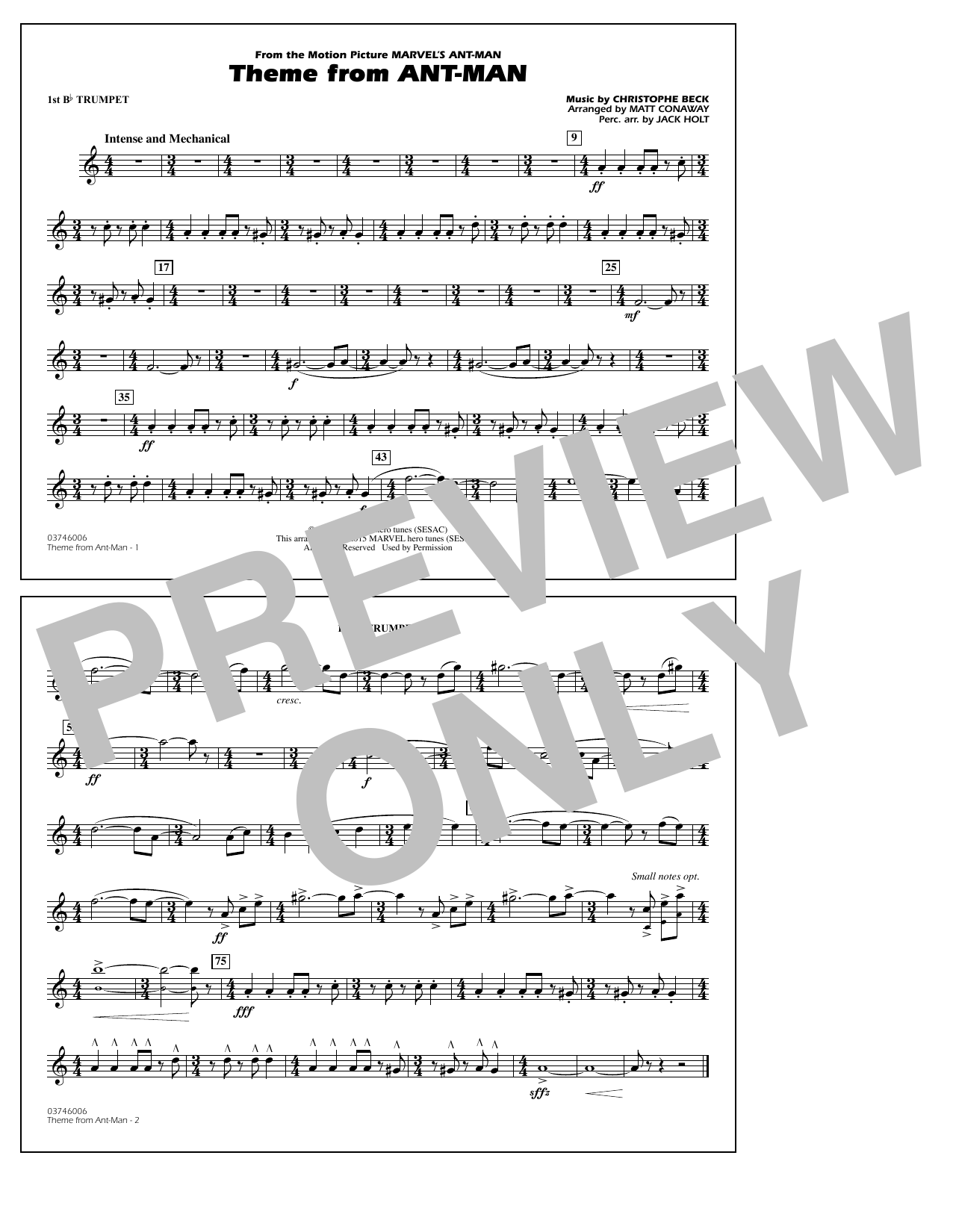Christophe Beck Theme from Ant-Man (Arr. Matt Conaway) - 1st Bb Trumpet sheet music notes and chords arranged for Marching Band