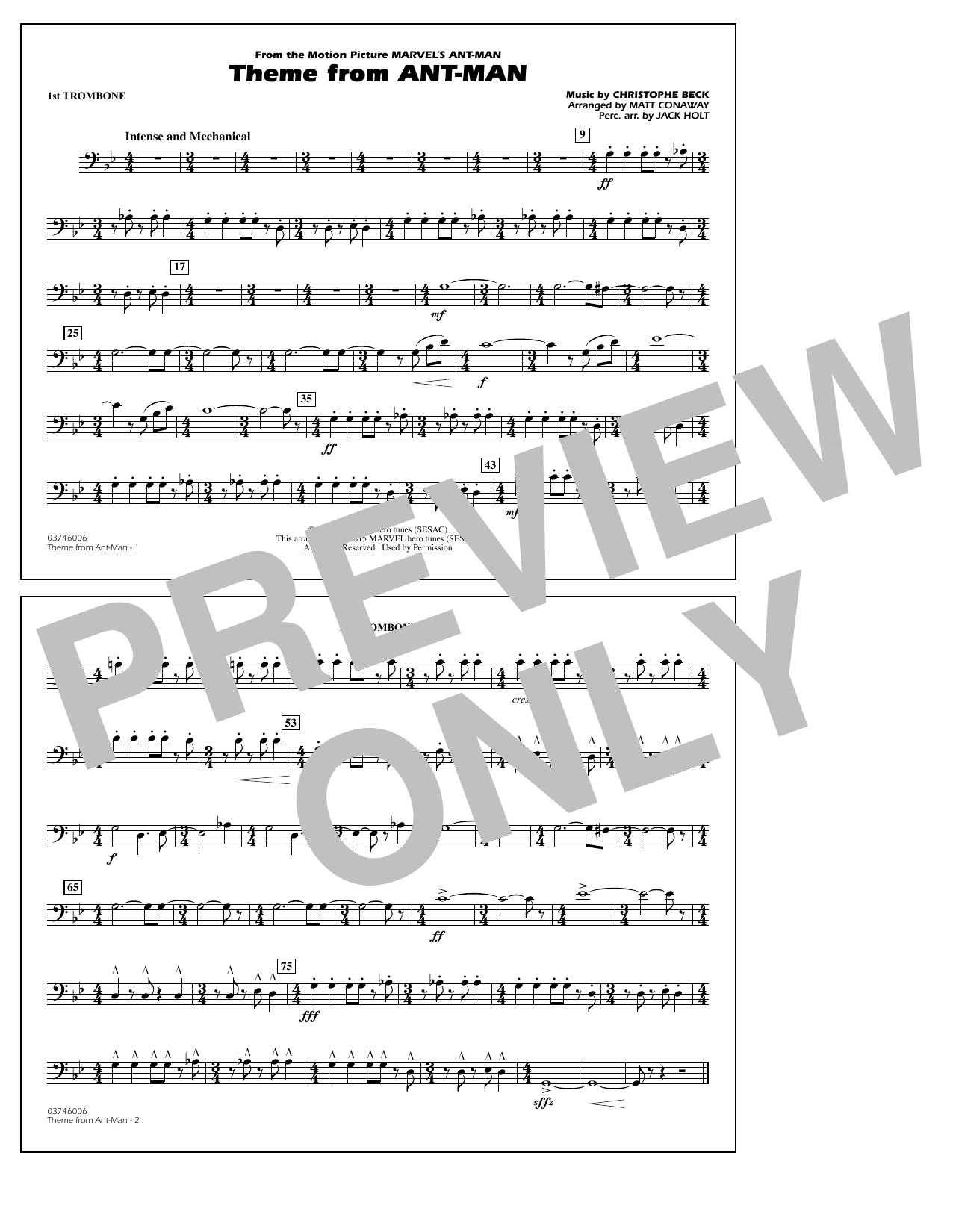 Christophe Beck Theme from Ant-Man (Arr. Matt Conaway) - 1st Trombone sheet music notes and chords arranged for Marching Band