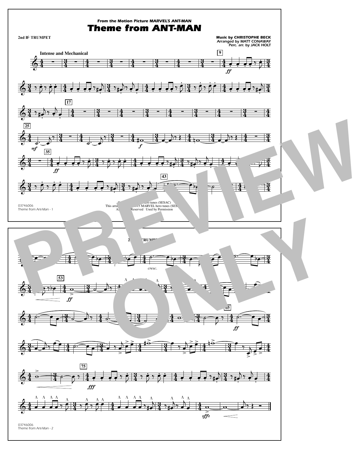Christophe Beck Theme from Ant-Man (Arr. Matt Conaway) - 2nd Bb Trumpet sheet music notes and chords arranged for Marching Band