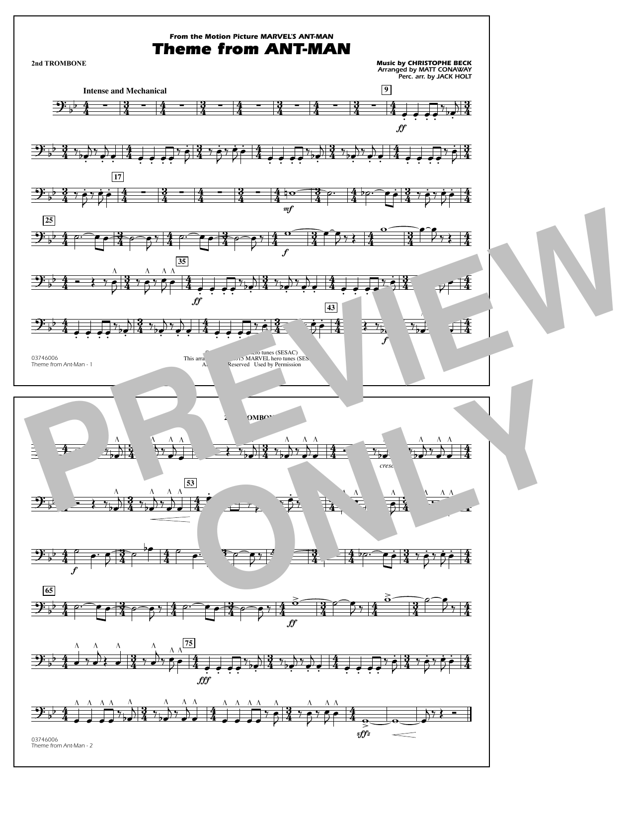 Christophe Beck Theme from Ant-Man (Arr. Matt Conaway) - 2nd Trombone sheet music notes and chords arranged for Marching Band