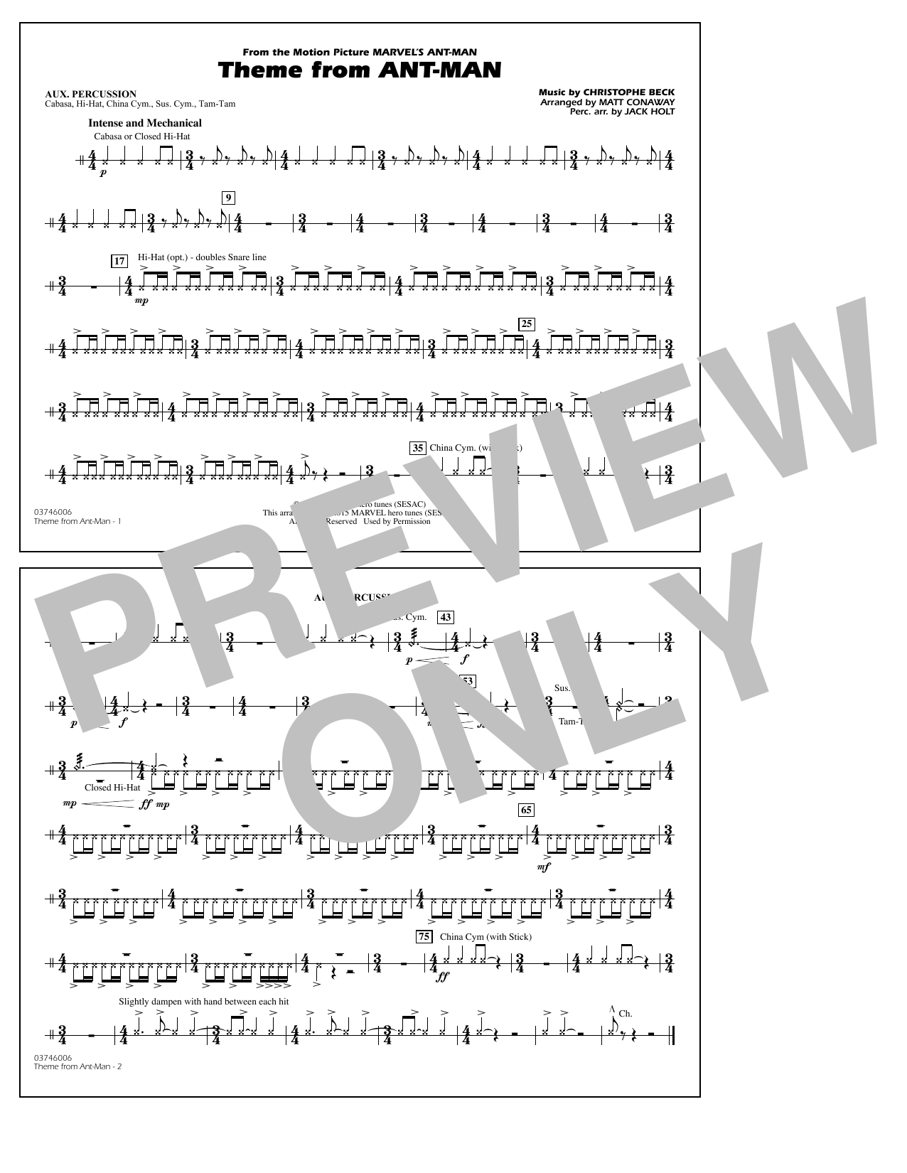 Christophe Beck Theme from Ant-Man (Arr. Matt Conaway) - Aux Percussion sheet music notes and chords arranged for Marching Band