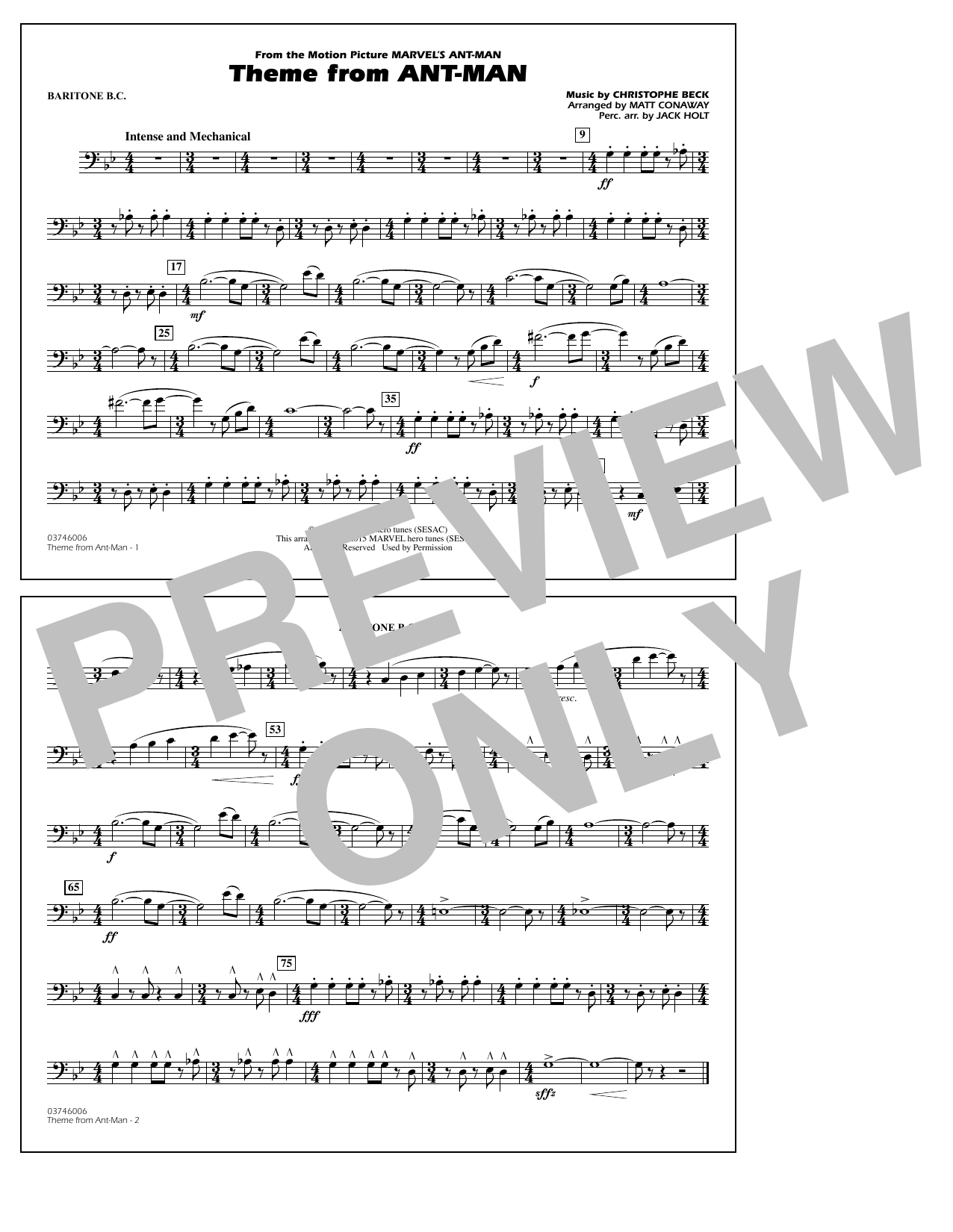 Christophe Beck Theme from Ant-Man (Arr. Matt Conaway) - Baritone B.C. sheet music notes and chords arranged for Marching Band