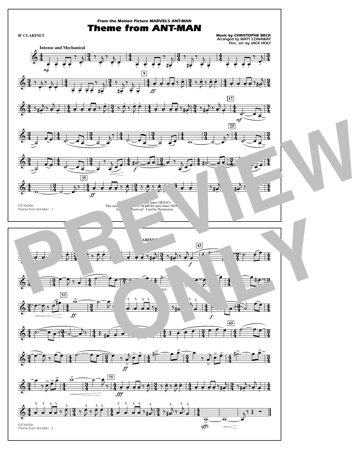 Christophe Beck Theme from Ant-Man (Arr. Matt Conaway) - Bb Clarinet sheet music notes and chords arranged for Marching Band