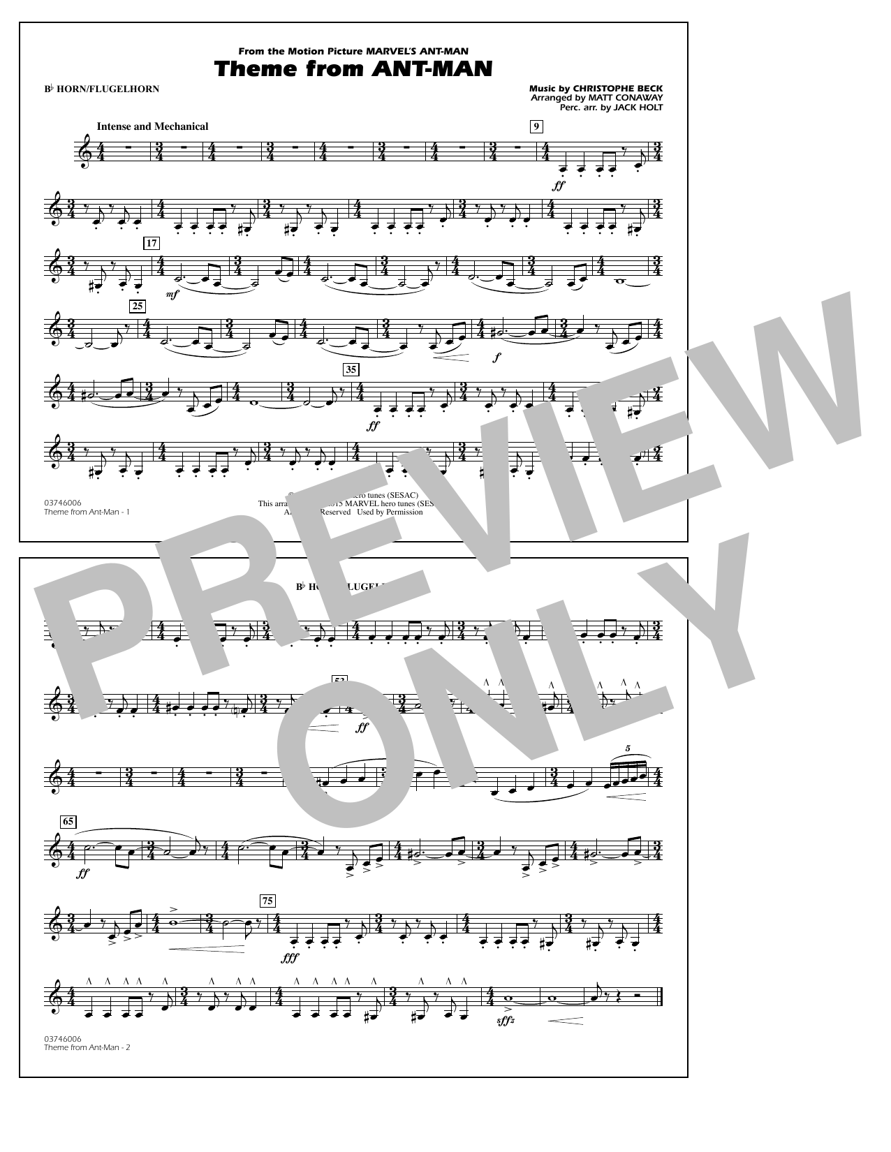 Christophe Beck Theme from Ant-Man (Arr. Matt Conaway) - Bb Horn/Flugelhorn sheet music notes and chords arranged for Marching Band