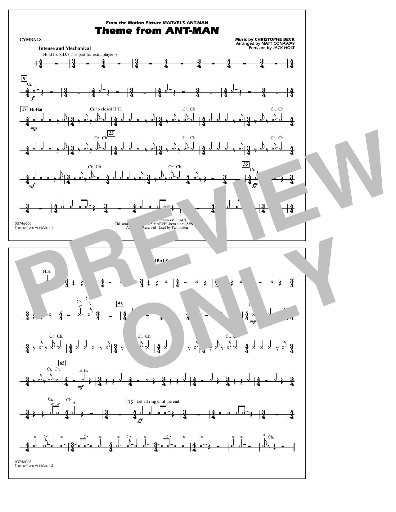 Christophe Beck Theme from Ant-Man (Arr. Matt Conaway) - Cymbals sheet music notes and chords arranged for Marching Band