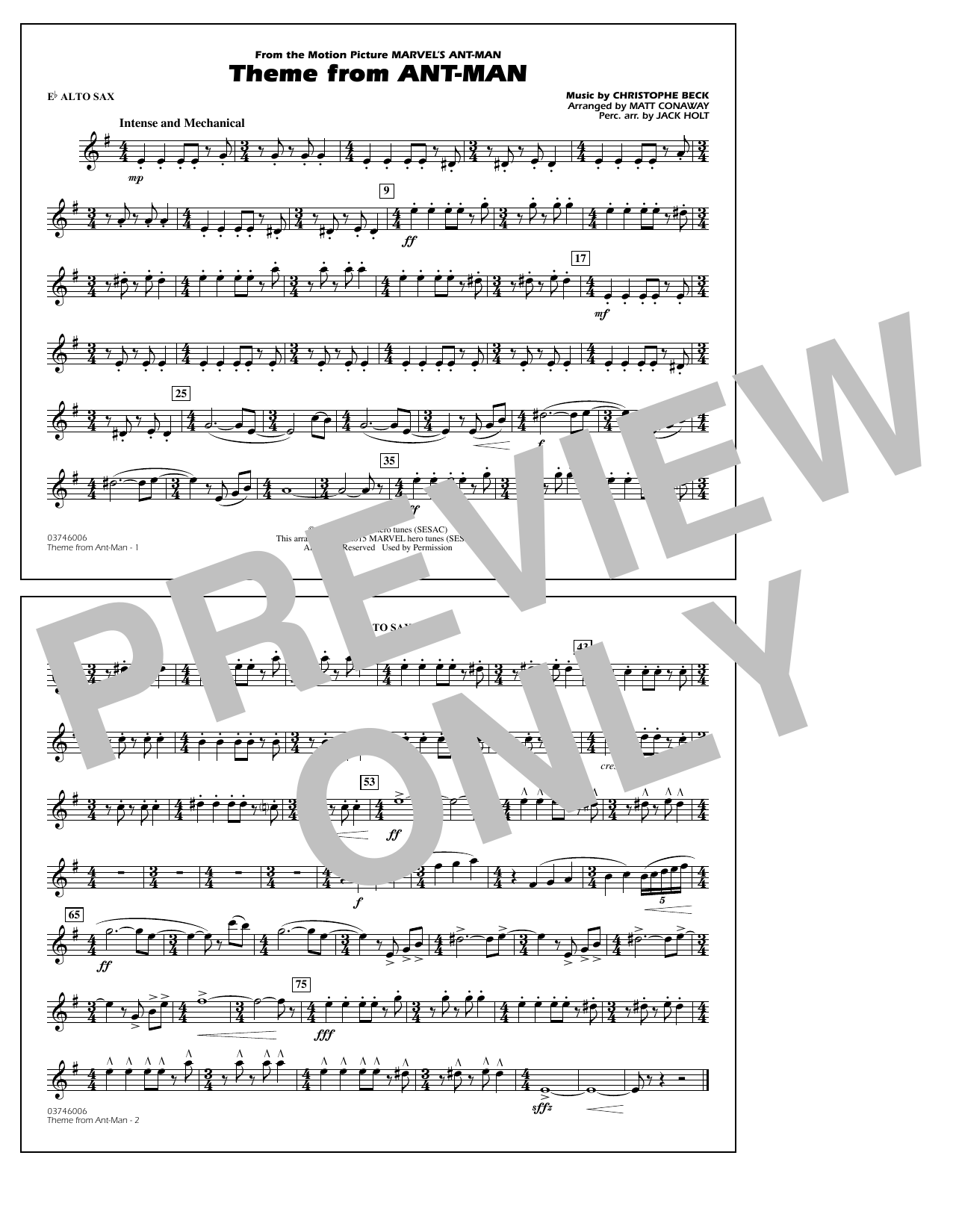 Christophe Beck Theme from Ant-Man (Arr. Matt Conaway) - Eb Alto Sax sheet music notes and chords arranged for Marching Band