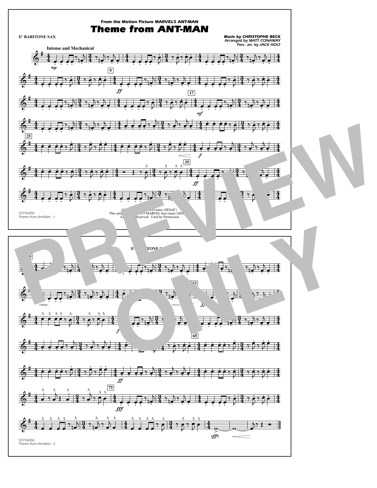 Christophe Beck Theme from Ant-Man (Arr. Matt Conaway) - Eb Baritone Sax sheet music notes and chords arranged for Marching Band
