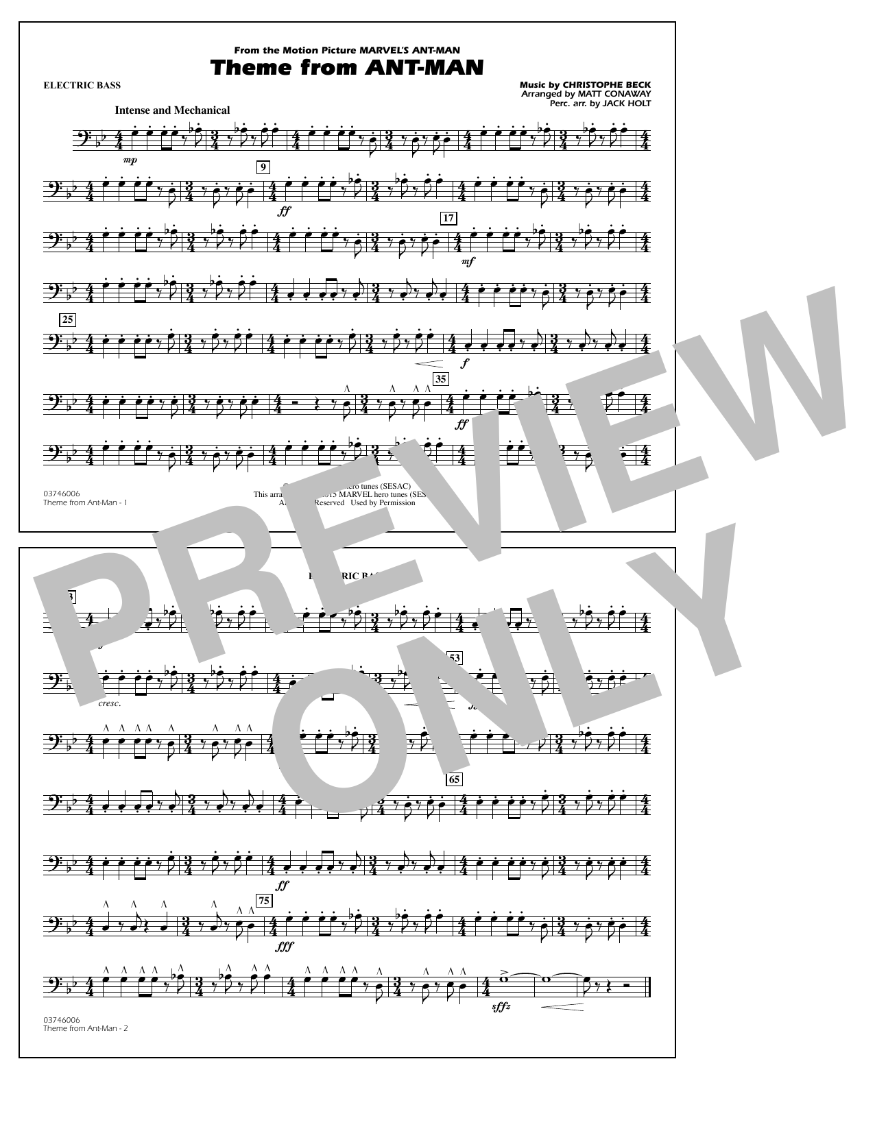 Christophe Beck Theme from Ant-Man (Arr. Matt Conaway) - Electric Bass sheet music notes and chords arranged for Marching Band
