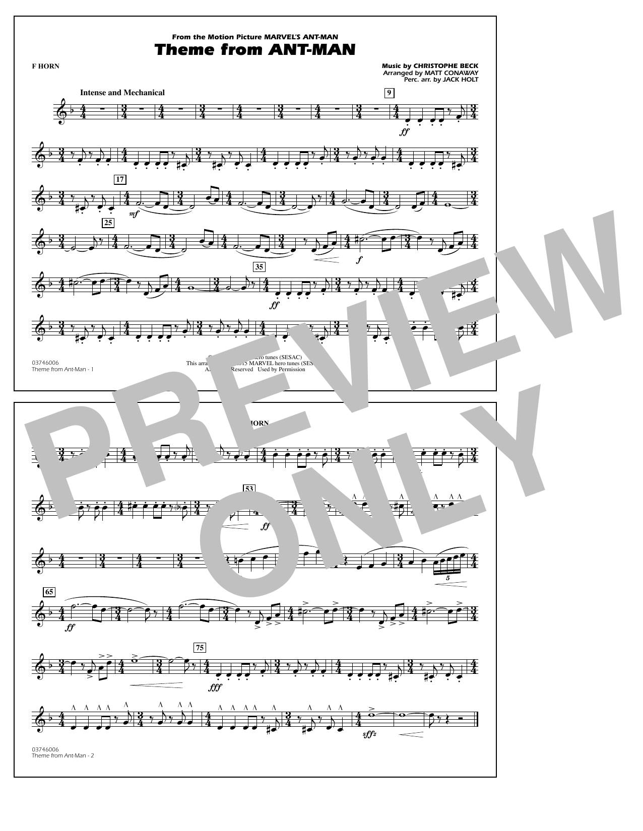 Christophe Beck Theme from Ant-Man (Arr. Matt Conaway) - F Horn sheet music notes and chords arranged for Marching Band