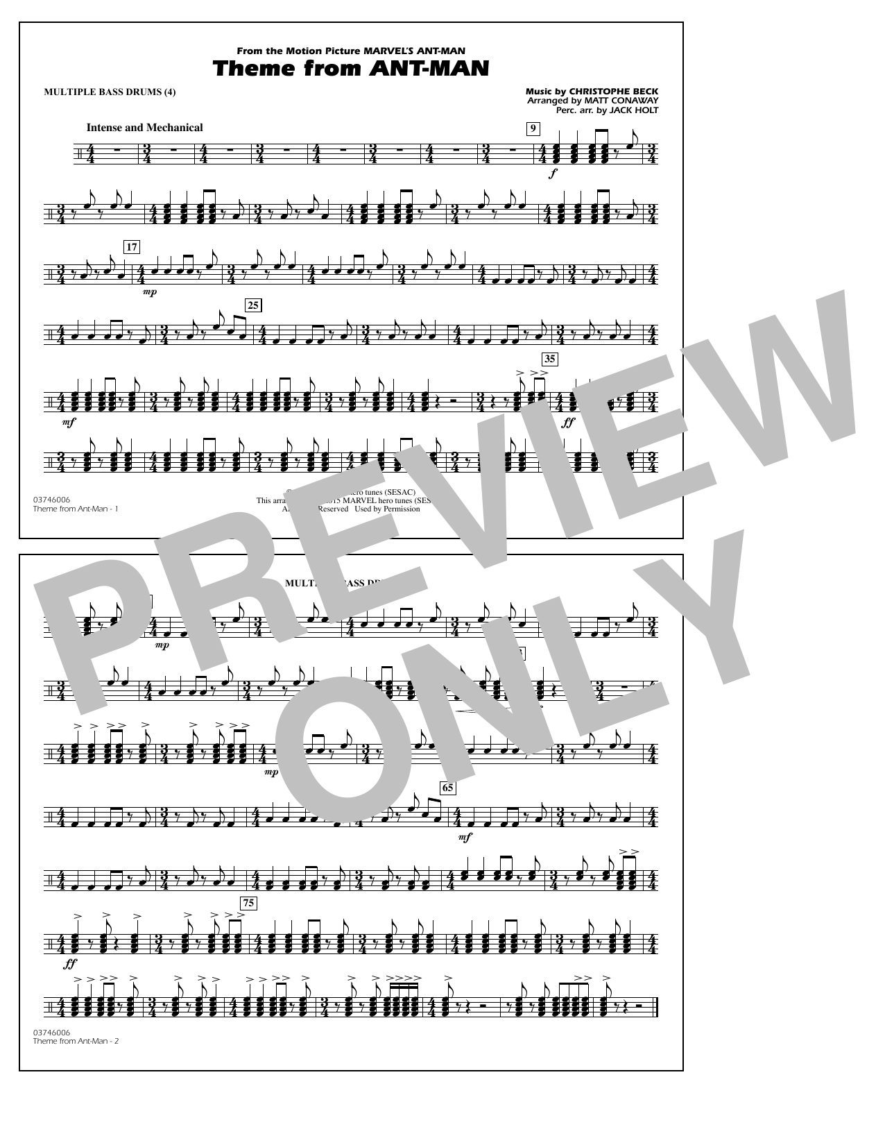 Christophe Beck Theme from Ant-Man (Arr. Matt Conaway) - Multiple Bass Drums sheet music notes and chords arranged for Marching Band