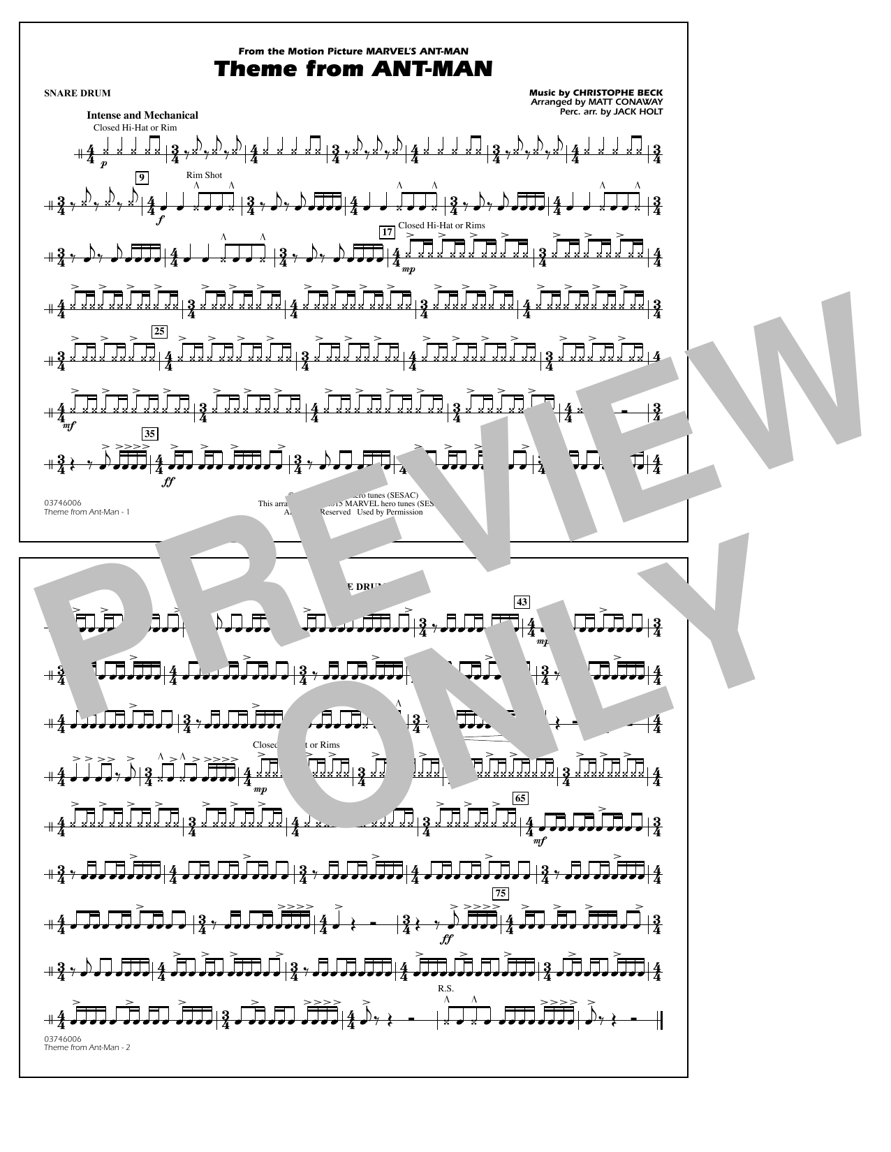Christophe Beck Theme from Ant-Man (Arr. Matt Conaway) - Snare Drum sheet music notes and chords arranged for Marching Band