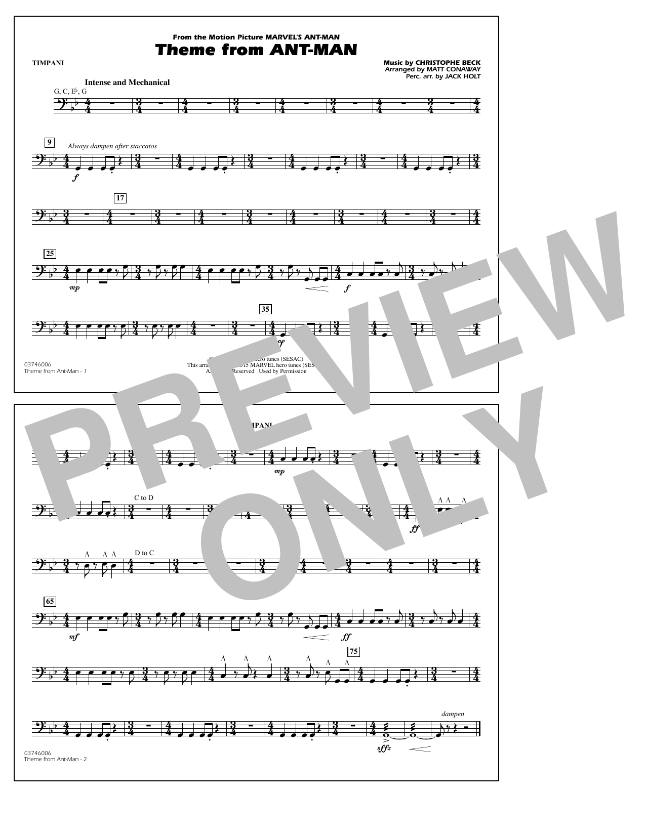 Christophe Beck Theme from Ant-Man (Arr. Matt Conaway) - Timpani sheet music notes and chords arranged for Marching Band