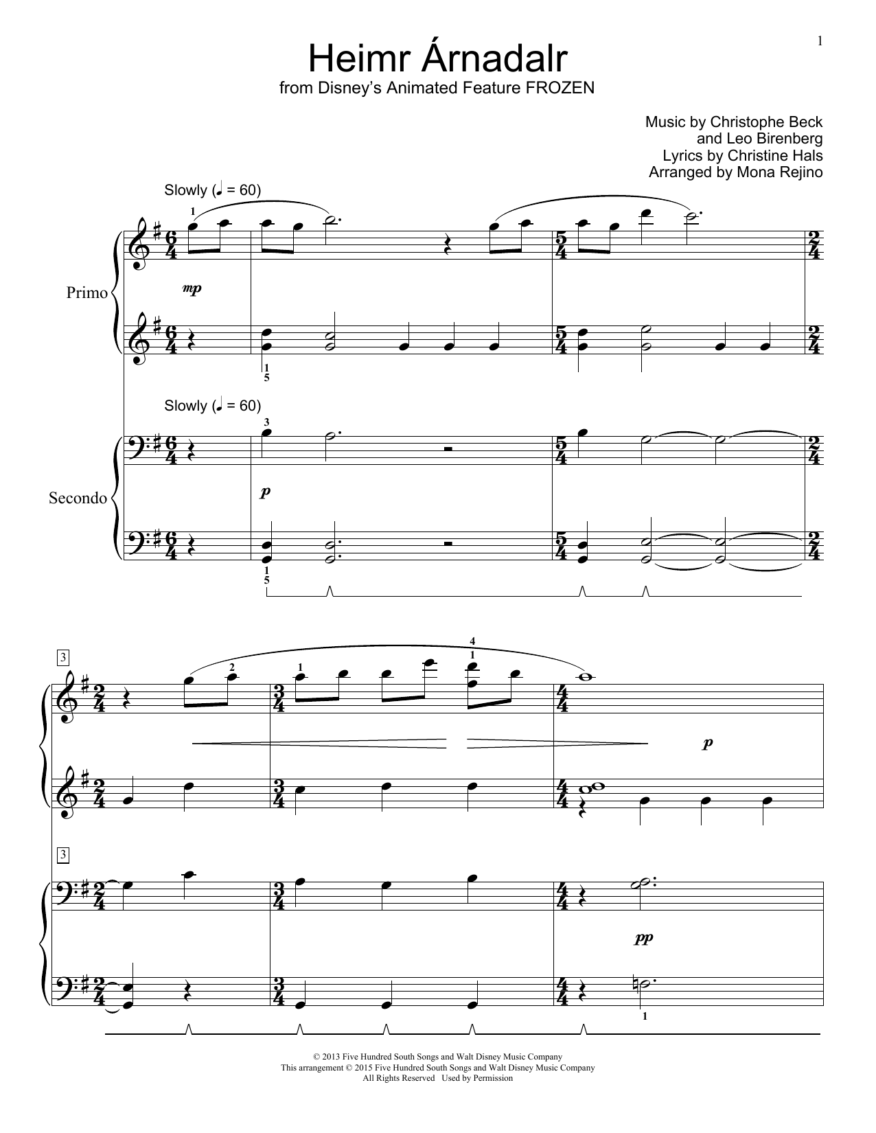 Christophe Beck Heimr Arnadalr (from Disney's Frozen) (arr. Mona Rejino) sheet music notes and chords arranged for Piano Duet