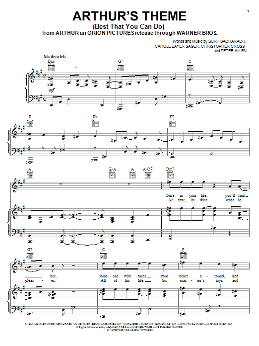 Christopher Cross Arthur's Theme (Best That You Can Do) sheet music notes and chords arranged for Piano, Vocal & Guitar Chords (Right-Hand Melody)