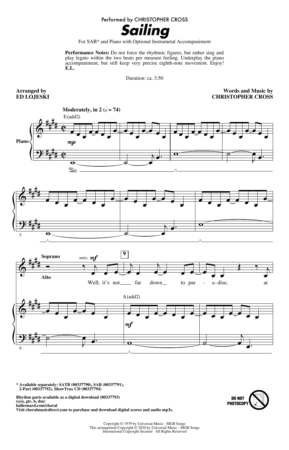 Christopher Cross Sailing (arr. Ed Lojeski) sheet music notes and chords arranged for 2-Part Choir