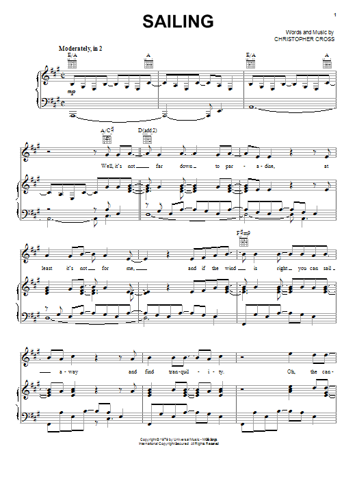 Christopher Cross Sailing sheet music notes and chords arranged for Piano, Vocal & Guitar Chords (Right-Hand Melody)