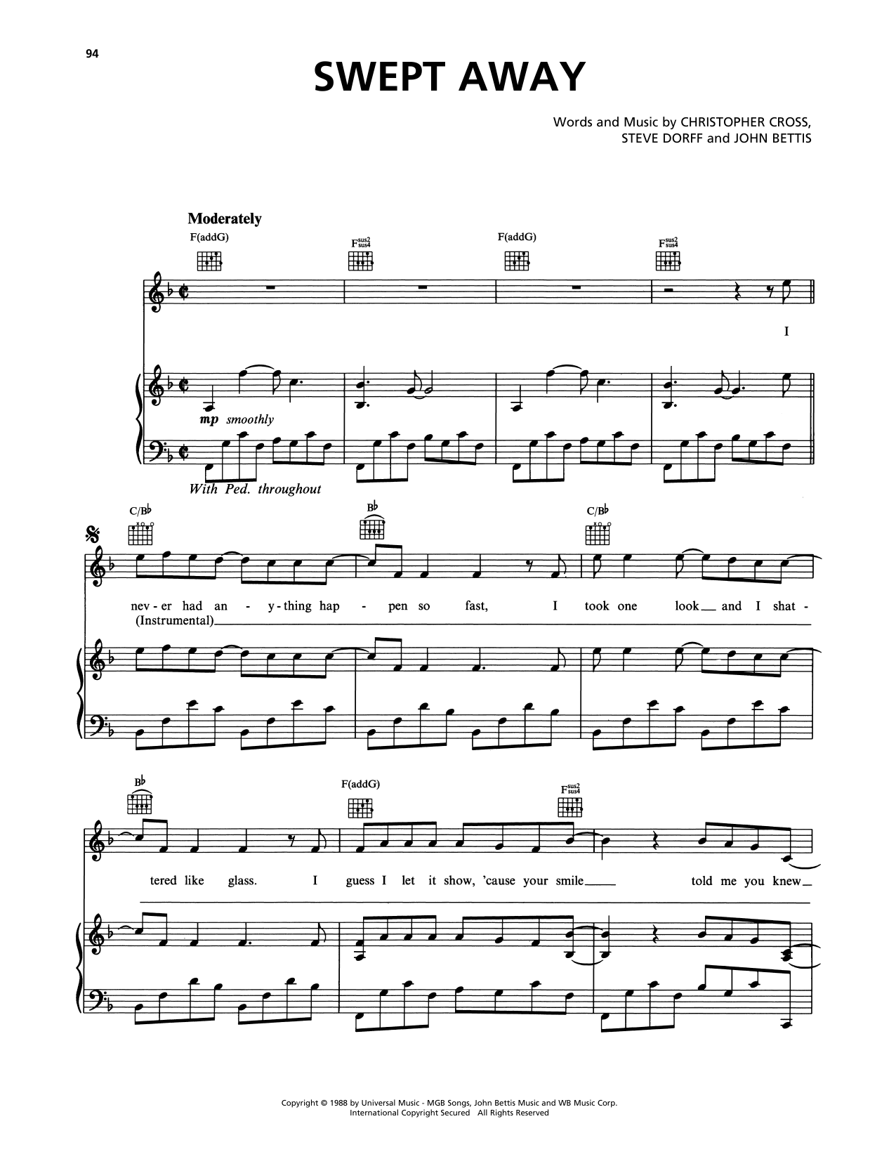 Christopher Cross Swept Away sheet music notes and chords arranged for Piano, Vocal & Guitar Chords (Right-Hand Melody)