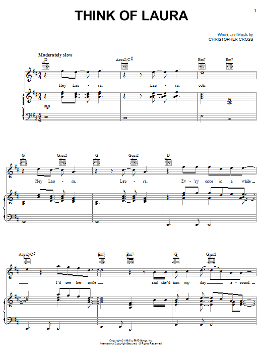 Christopher Cross Think Of Laura sheet music notes and chords arranged for Piano, Vocal & Guitar Chords (Right-Hand Melody)