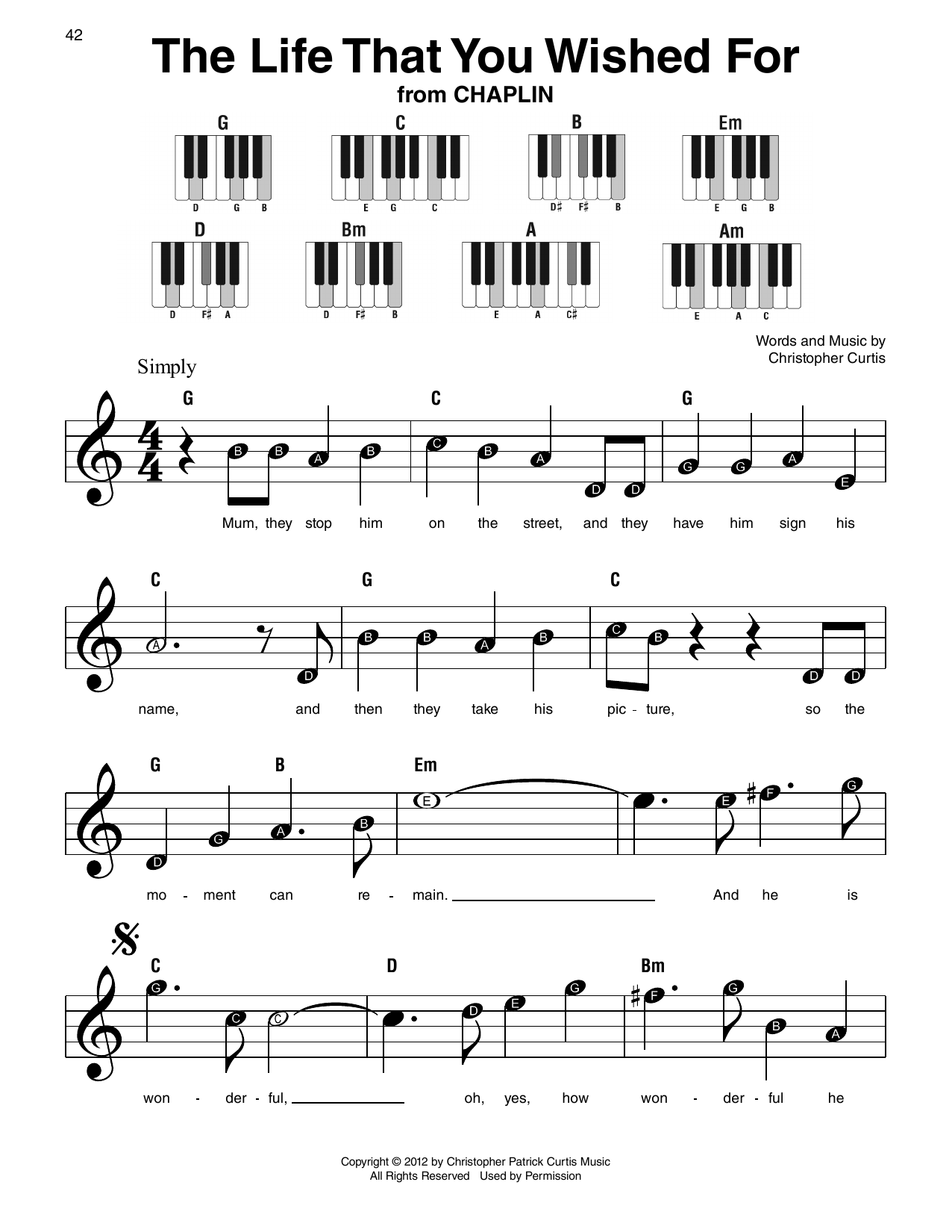 Christopher Curtis The Life That You Wished For (from Chaplin) sheet music notes and chords arranged for Super Easy Piano
