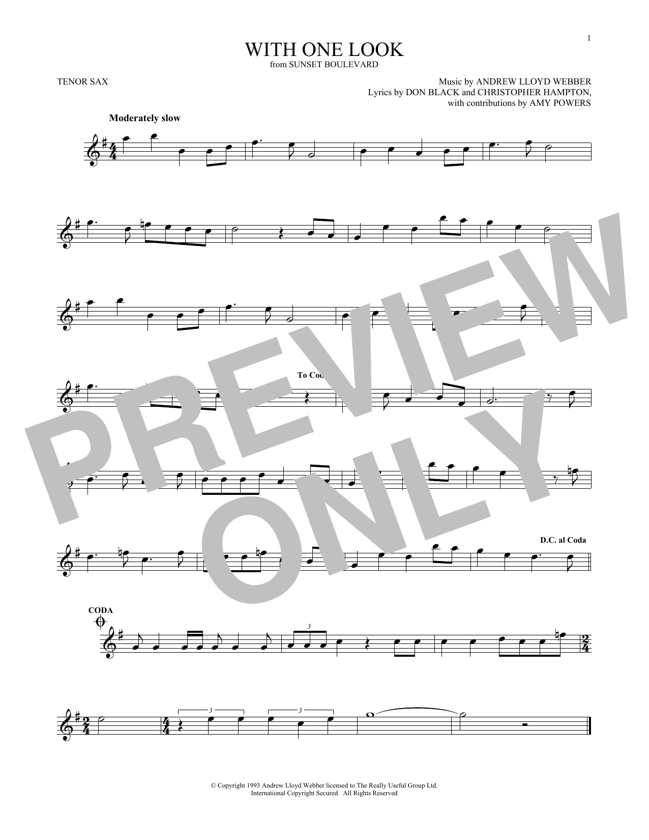 Christopher Hampton With One Look sheet music notes and chords arranged for Tenor Sax Solo