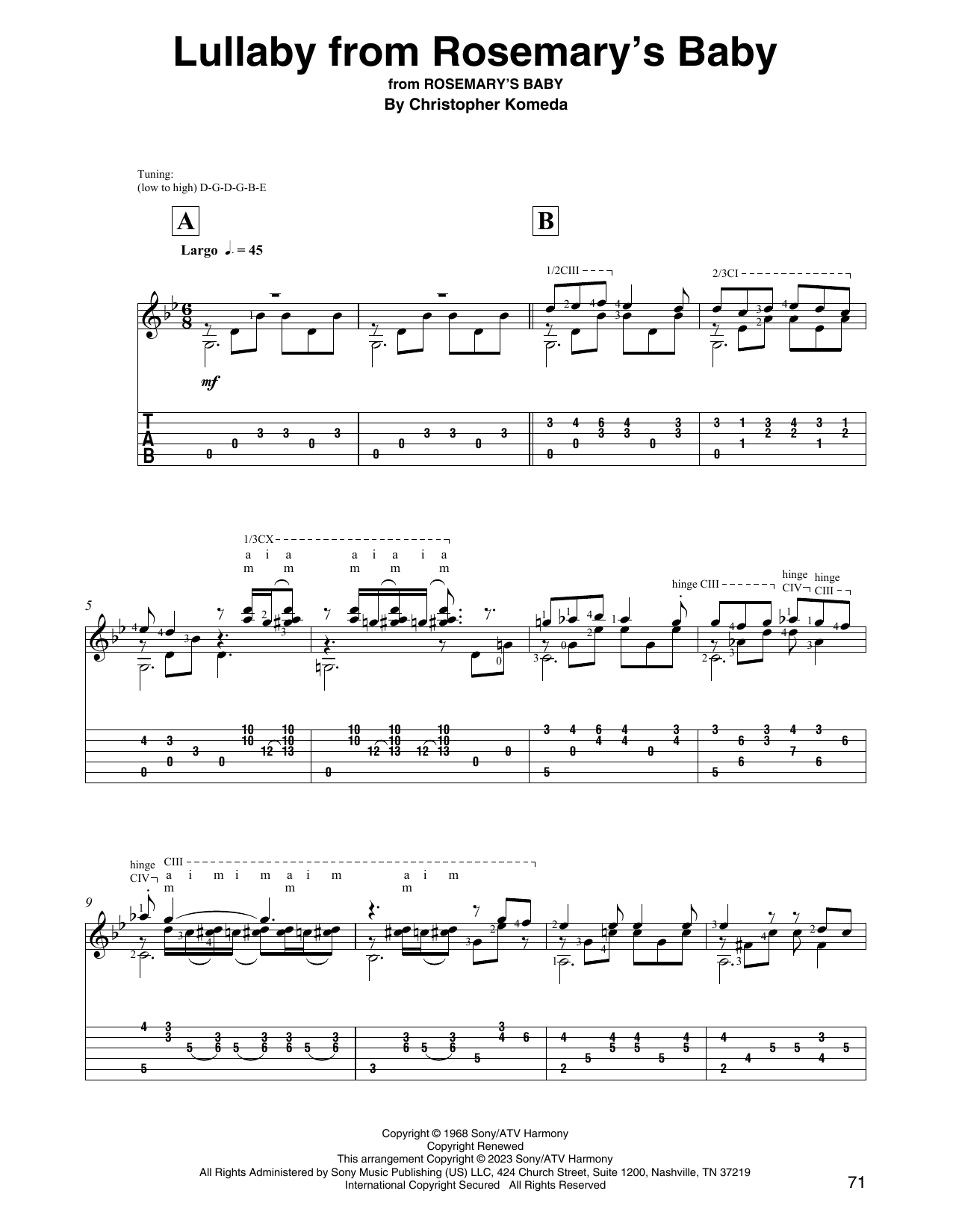 Christopher Komeda Lullaby From Rosemary's Baby sheet music notes and chords arranged for Solo Guitar