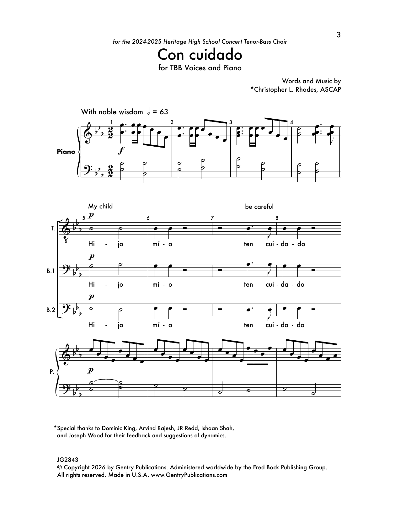 Christopher L. Rhodes Con Cuidado sheet music notes and chords arranged for TBB Choir