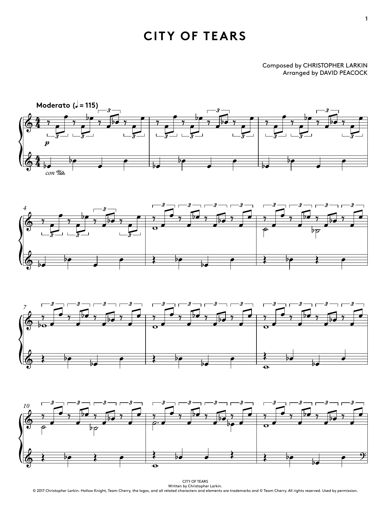 Christopher Larkin City of Tears (from Hollow Knight Piano Collections) (arr. David Peacock) sheet music notes and chords arranged for Piano Solo