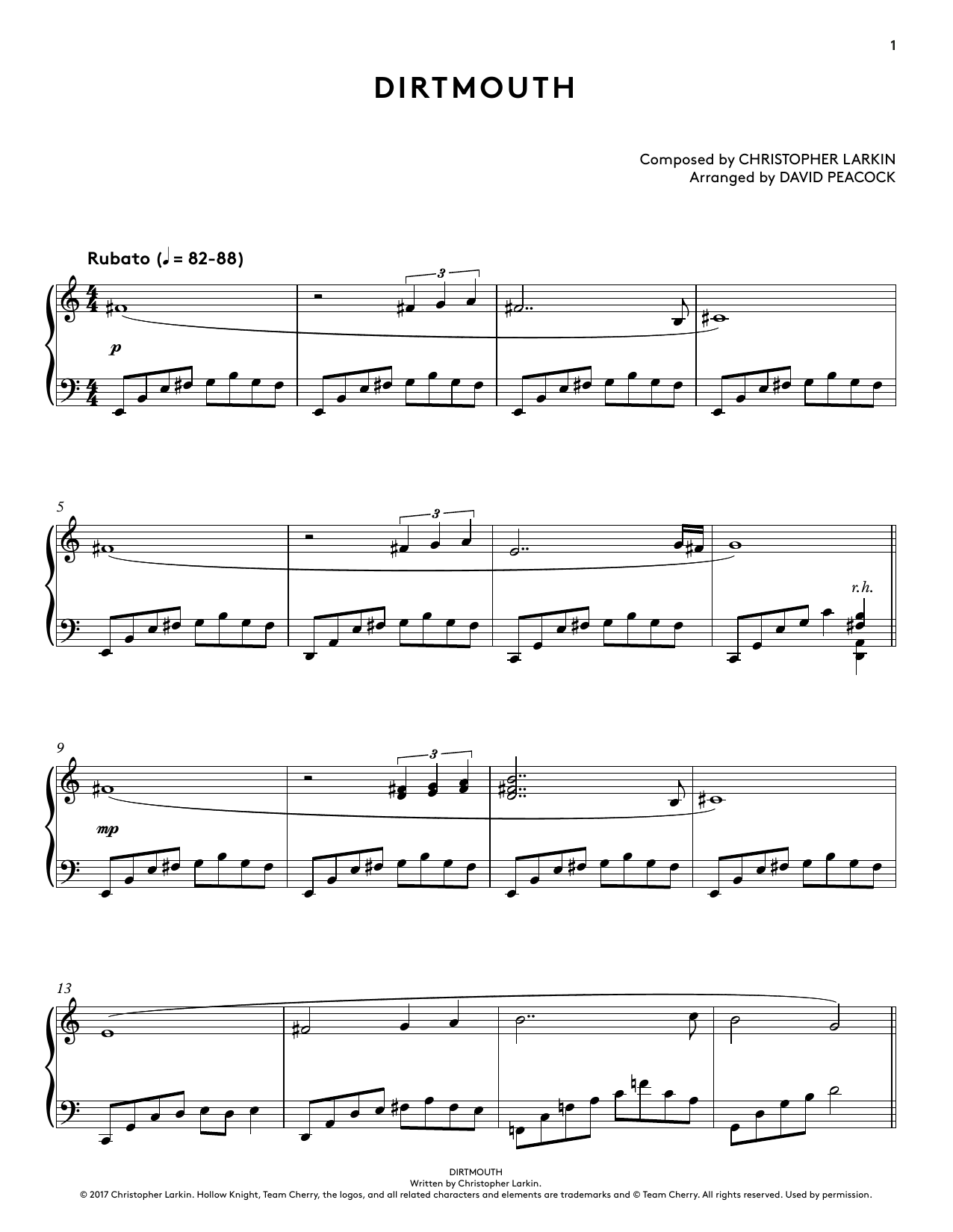 Christopher Larkin Dirtmouth (from Hollow Knight Piano Collections) (arr. David Peacock) sheet music notes and chords arranged for Piano Solo