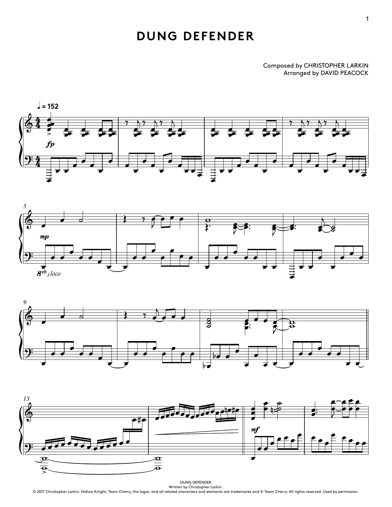 Christopher Larkin Dung Defender (from Hollow Knight Piano Collections) (arr. David Peacock) sheet music notes and chords arranged for Piano Solo