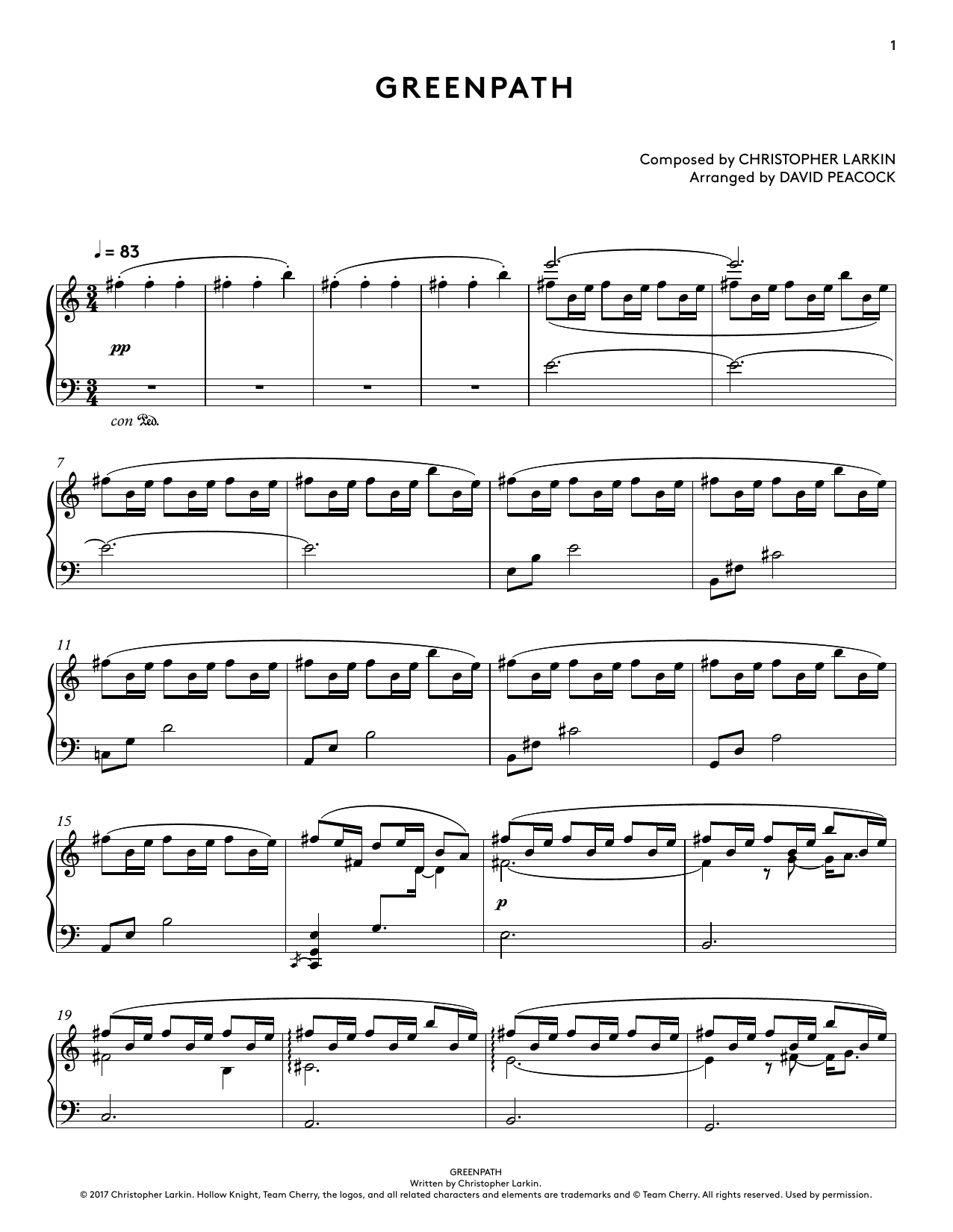 Christopher Larkin Greenpath (from Hollow Knight Piano Collections) (arr. David Peacock) sheet music notes and chords arranged for Piano Solo