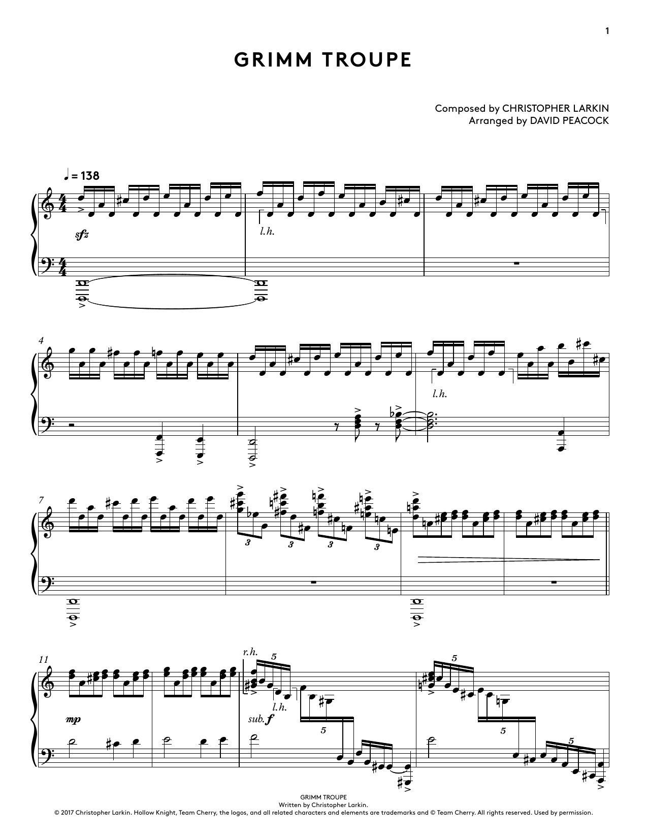 Christopher Larkin Grimm Troupe (from Hollow Knight Piano Collections) (arr. David Peacock) sheet music notes and chords arranged for Piano Solo