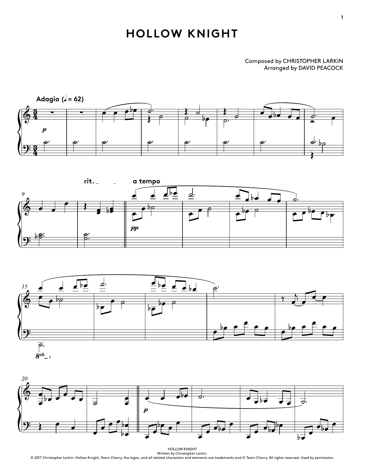 Christopher Larkin Hollow Knight (from Hollow Knight Piano Collections) (arr. David Peacock) sheet music notes and chords arranged for Piano Solo