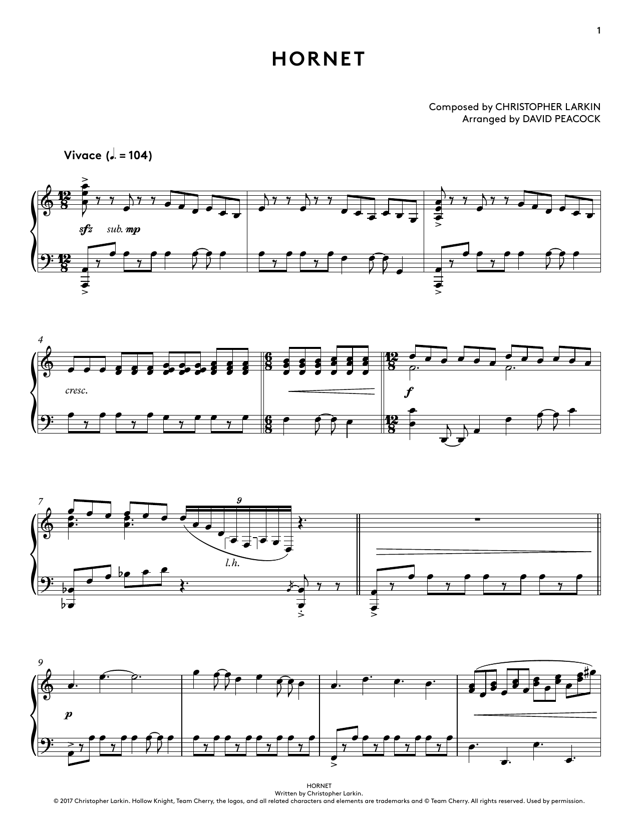 Christopher Larkin Hornet (from Hollow Knight Piano Collections) (arr. David Peacock) sheet music notes and chords arranged for Piano Solo